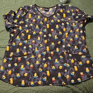 Black Cartoon Print Scrub Top